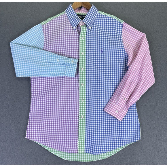 Ralph Lauren Shirt Large Blue Pink Colorful Gingham Check Party Custom Fit - Picture 3 of 7